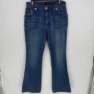 CREST JEANS Women's Flared  Denim Jeans Red Stitching Zipper Pockets Size 13/14‎